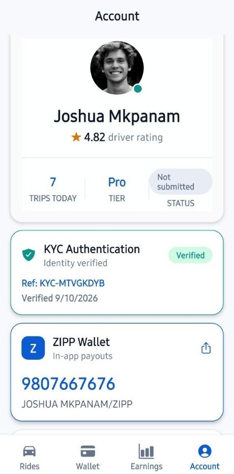 Driver profile, KYC status, and ZIPP Wallet