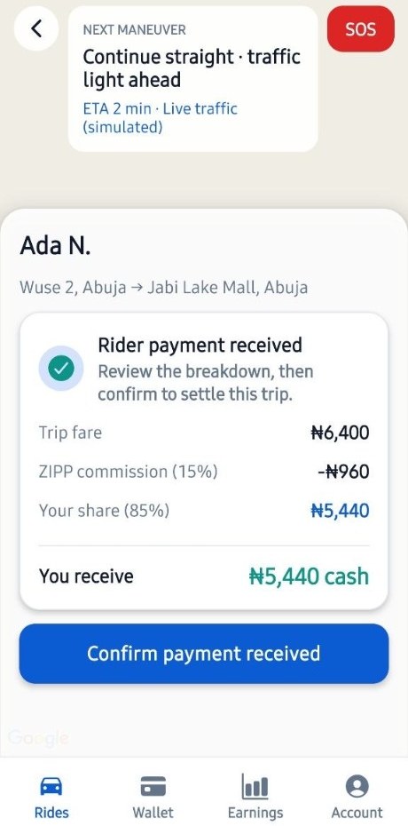 Confirm rider payment and trip settlement