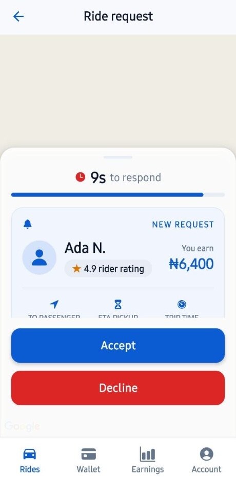 Incoming ZIPP ride request with accept and decline