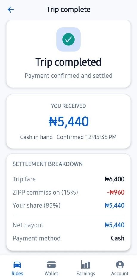 Trip complete with settlement breakdown
