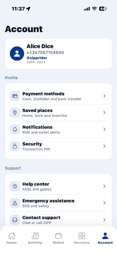 Account, payments, and support
