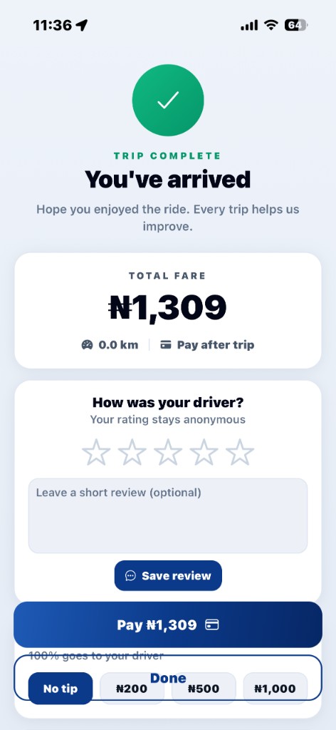 Trip complete — rate, tip, and pay